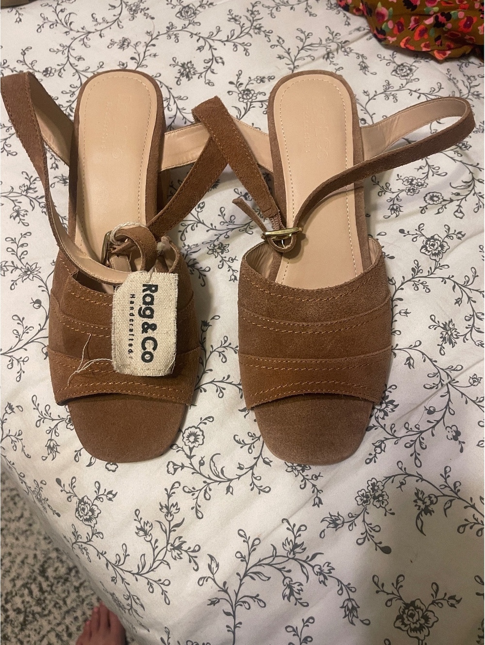 Rag & Co Handmade Brown Suede Block Heel Sandals with Ankle Strap